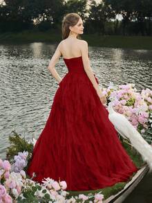 Faeriesty Women Elegant Romantic Strapless Wedding Dress, Layered Ruffle Tulle A-Line Silhouette, Perfect For Classic Weddings, Graduations, Galas, Birthday Parties, And Other Formal Occasions, Bridal Gown,Summer Holiday Outfits - Red - View 3