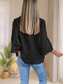 Womens Eyelet Blouse 3/4 Bell Sleeve Button Down Ruffle Hem Casual Summer Shirt Top - 黑色 - 查看 4