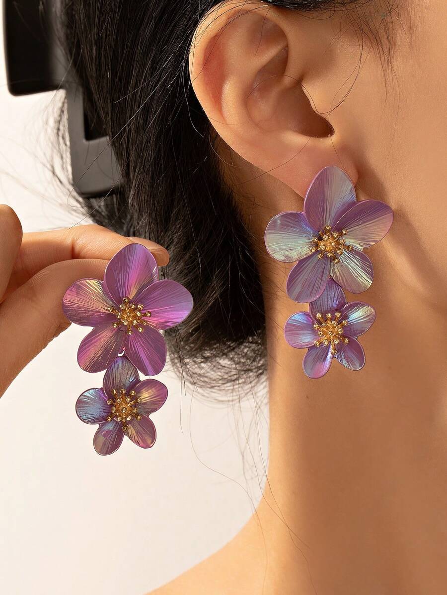 1 Pair Fashionable & Elegant Floral Design Metal Earrings, Suitable For Women's Daily Wear