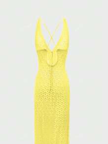 Abito lungo estivo da donna casual e alla moda, stile vacanza, monocromatico, vita aderente, orlo con spacchi e trasparenze, senza maniche, scollo a V. Abbigliamento da spiaggia donna, abiti lunghi da donna con schiena scoperta e spalline.