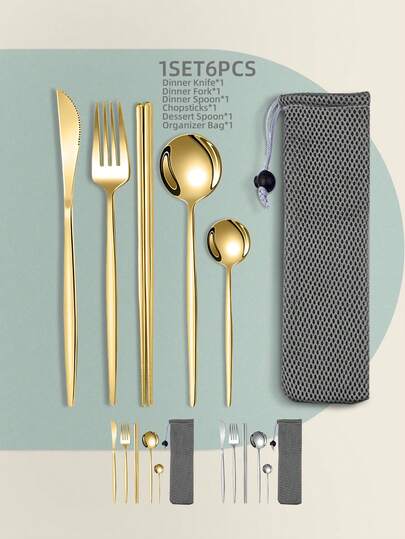 6pcs Portable Stainless Steel Knife, Fork, Spoon, And Chopsticks Cutlery Set( With 1pc Storage Bag), For Picnic, Camping, Student Cafeteria,Kitchen,Gift