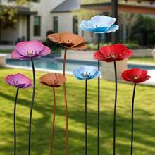 Two Metal Floral Garden Decoration Stakes, Colorful Metal Poppy Flowers For Yard Decor, Outdoor Garden Decorations For Spring And Summer, Two (Tall/Short) Garden Ornaments For Indoor And Outdoor Use, Lawn Path Yard Decoration.