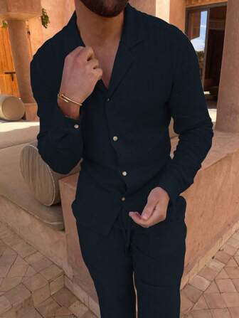 2 件套休闲时尚男士长袖翻领上衣和裤子套装，时尚简约服装必备，秋季服装