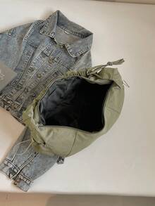 1 Pc Nylon Fabric Multi-Pocket Dumpling Style Casual Pleated Drawstring Crossbody Shoulder Bag For Women, Soft Relaxed Versatile Hobo Look , Green - Olive Green - View 5