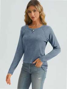 QUEENTI Ladies' Fashionable And Comfortable Long-Sleeved T-Shirt With A Round Neck And Loose Casual Top - Mist Blue - View 4
