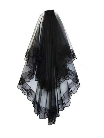 1pc Double Layer Black Lace Veil With Comb, Suitable For Wedding, Cosplay, Photography, Elegant Wedding Accessory, Stunning Style,Summer,Beach