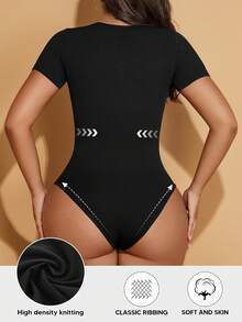 女士纯色短袖紧身连衣裤 - 黑色 - 查看 3