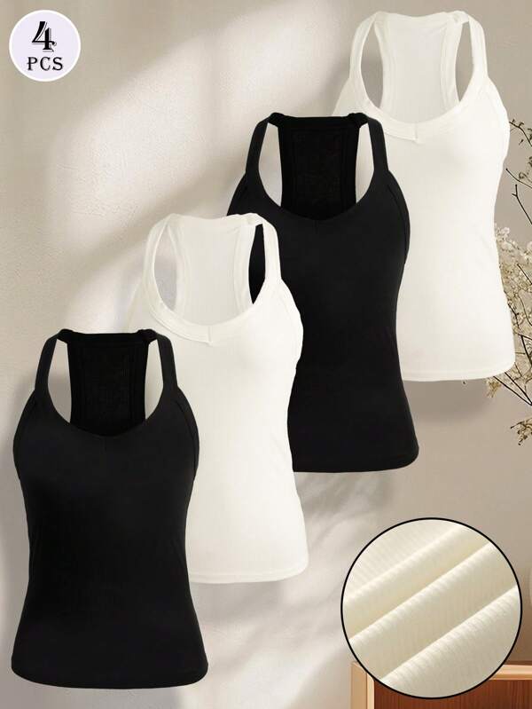 4 peças de camisola feminina lisa, cor sólida, confortável e versátil