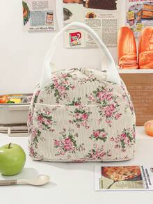 1 Piece Cute Floral&Bow Pattern Insulated Lunch Box Portable Lunch Tote Bag With Handle Corduroy Lunch Bag With Cherry Print Zippered Lunch Handbag With Woven Rope Decor Large Capacity Food Storage Bag With Compartment Suitable For Picnic, School, Office, Camping Suitable For Students, Teachers, Office Workers, Family Good Choice For Teacher's Day Gifts, Mom Gifts, Children's Day Gifts Back To School School Stuff Bag For School Lunch Bag For Women Cooler Bag Picnic Accessories