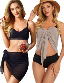 CHICGAL 2 Pieces Women Beach Sarong Bathing Suit Wrap Skirt Sheer Bikini Swimsuit Cover Ups Swimwear - 黑色和淺卡其色 - 查看 4