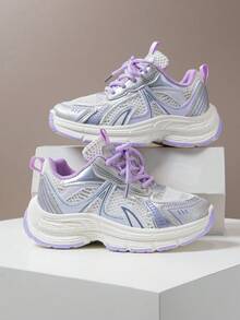 1 Pair Children's Breathable Mesh Casual Sneakers, Girls Lightweight Versatile Chunky Sneakers, Boys Anti-Slip Durable Running Shoes, Spring - Purple - View 2
