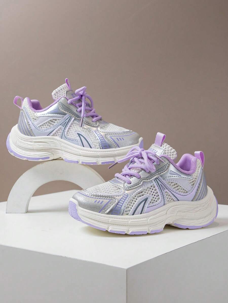 1 Pair Children's Breathable Mesh Casual Sneakers, Girls Lightweight Versatile Chunky Sneakers, Boys Anti-Slip Durable Running Shoes, Spring - Purple - View 1