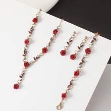 1 Pc Light Luxury Retro Style Red Rose Earring Bracelet Necklace Set, Suitable For Women To Wear On Dates, Parties, And Daily Occasions
