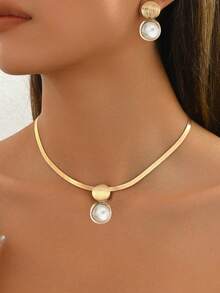 3pcs Fashionable, Elegant Geometric Hollow Circular Acrylic Snake Chain Pendant Stud Earring Set - Yellow Gold - View 2