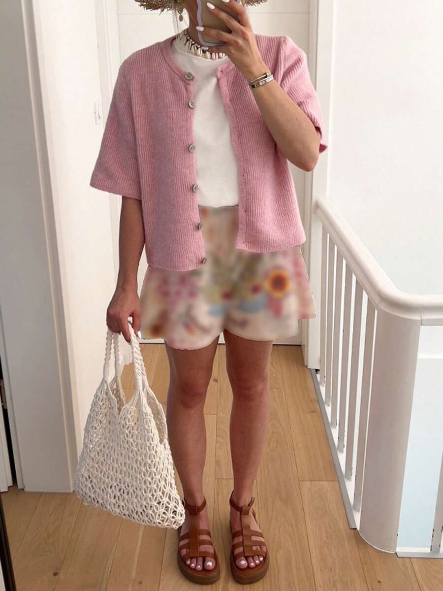 Women's Knit Cardigan Half Sleeve Round Neck Solid Color Button Up Knitwear - Pink - View 1
