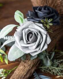 25Pcs Artificial Roses Flowers Fake Roses With Stems Real Touch Foam Flowers For DIY Wedding Bouquet Baby Shower Centerpiece Floral Arrangement Party Home Decor(Dark Red) - Abu-abu Perak - View 5