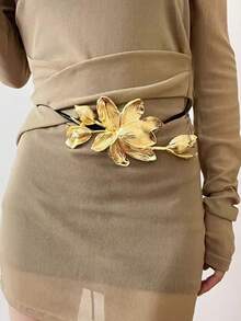 1 件复古金色郁金香花腰带，适合裙子、牛仔裤、黑色皮绳细腰链 - 金色 - 查看 8