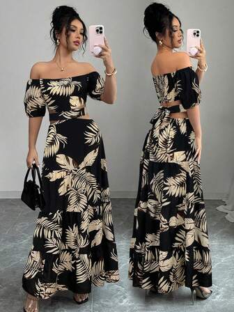 Vestido de vacaciones con hombros descubiertos, cordones, calados y estampado asimétrico bohemio para mujer