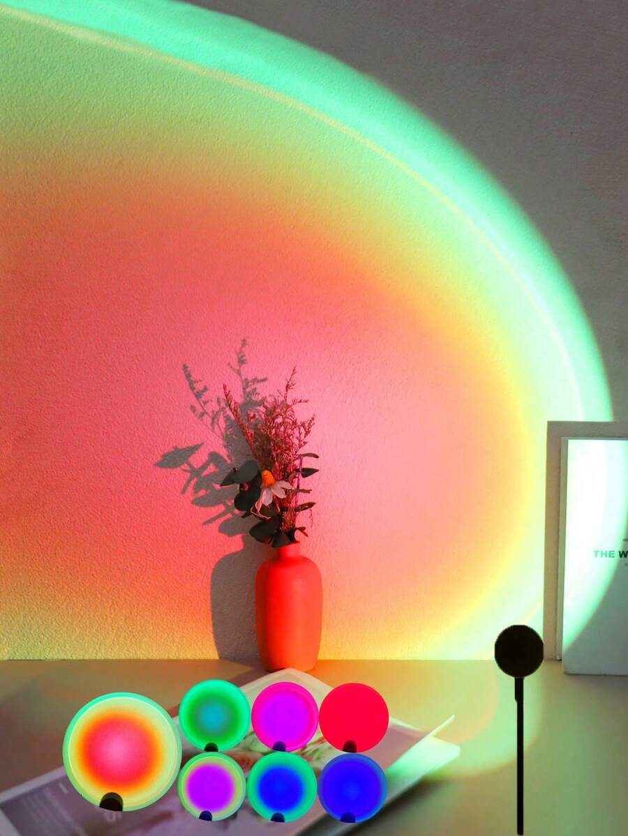 1 pieza Luz de ambiente de puesta de sol multicolor y multimodo USB, lámpara de proyección para decoración de pared, prop de fotografía, decoración de fiesta de cumpleaños, lámpara de puesta de sol de material ABS sin batería - 7 colores - Ver 1