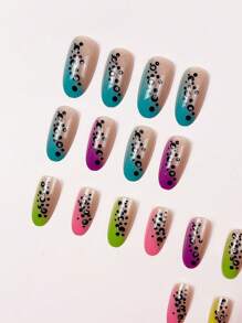 Instantly Upgrade Your Look With 24pcs, Long Press On Nails, Creative, Fashionable, Colorful French, Press On Nails, Black Spots, Silver Glitter Decoration, Y2K Personalized Hot Girl Nail Art, Ellipse Long Press On Nails, Nail Set, Suitable For Girls And Ladies For Daily, Holiday, And Party Nail Decoration+1 Piece Of Jelly Glue+1 Rubbing Strip