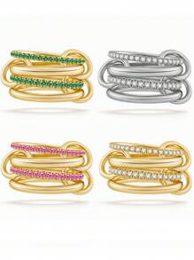 1 pezzo Anello impilabile placcato oro con zirconi per donna, elegante e delicato, in oro 14 carati con zirconi verde diamante, può essere indossato in molti modi, regalo di compleanno, gioiello elegante e alla moda, abbinabile per uso quotidiano, decorazione per feste