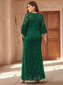 Große Größen V-Ausschnitt Rüschenärmel Blumen Spitze Meerjungfrau Maxikleid, geeignet für Valentinstag, Hochzeitsgast, Abschlussball, Geburtstag, Feiertage, Abschlussfeier, Gala-Dinner und andere Anlässe - Dunkelgrün - Übersicht 3