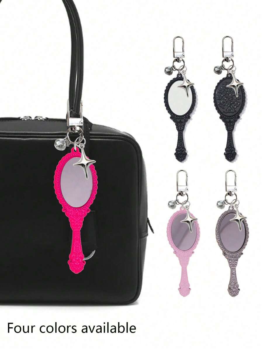 Vintage Girl Mini Mirror Charm Gothic Style Keychain,With Bell And Four Pointed Star,Makeup Mirror Bag Pendant,Perfect Gift For Birthdays & Special Occasions,Key Chain Ring Bag Backpack Charm Car Hanging Pendant Women Girls Gift,Wallet And Handbag Accessories, Keychain Phone Case Accessories,Four Colors Available