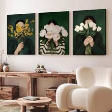3pcs Optional Frame Canvas Print Decorative Painting,Emerald Green Floral Women Stripe Abstract Wall Arts Posters,Vintage Japandi Eclectic Art Style,Suitable For Living Room, Bedroom,Ideal Wall Art Home Decor Gifts