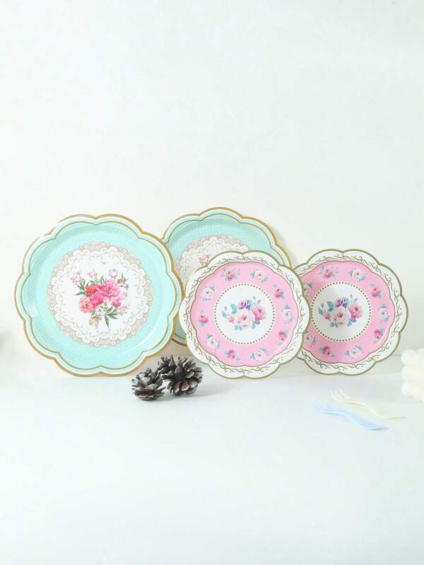 32pcs 7in/9in Asymmetrical Flower Disposable Paper Plates, Unique Floral Pattern Suitable For Afternoon Tea Parties And Daily Decoration