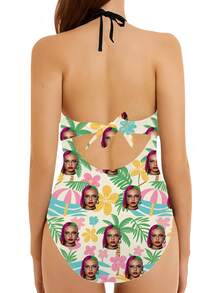 1 件定制面部印花细肩带镂空连体泳衣，夏威夷风格，性感露背蝴蝶结设计，无袖，非常适合游泳池、海滩、度假、女孩泳装，是送给女朋友或妻子的绝佳礼物 - 彩色 - 查看 3