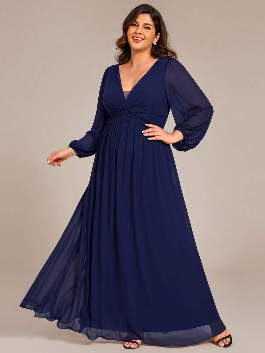 EVERPRETTY Plus Elegant Chiffon V Neck Long Sleeve Blue Bridesmaid Dresses Formal Dresses For Party Graduation - Navy Blue - View 1