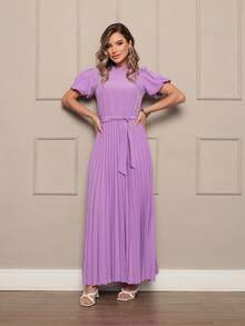 Women's Long Crepe Dress With Puffed Sleeves, Bow Waist And Pleated Skirt - Elegant And Sophisticated - 紫羅蘭色 - 查看 2
