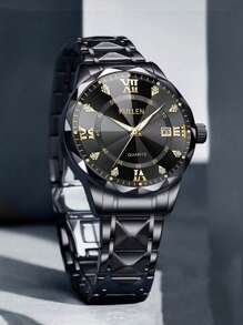 Reloj de cuarzo de marca de lujo para hombre, de acero inoxidable dorado, con fecha, visualización del día de la semana, acentos de diamantes y esfera luminosa