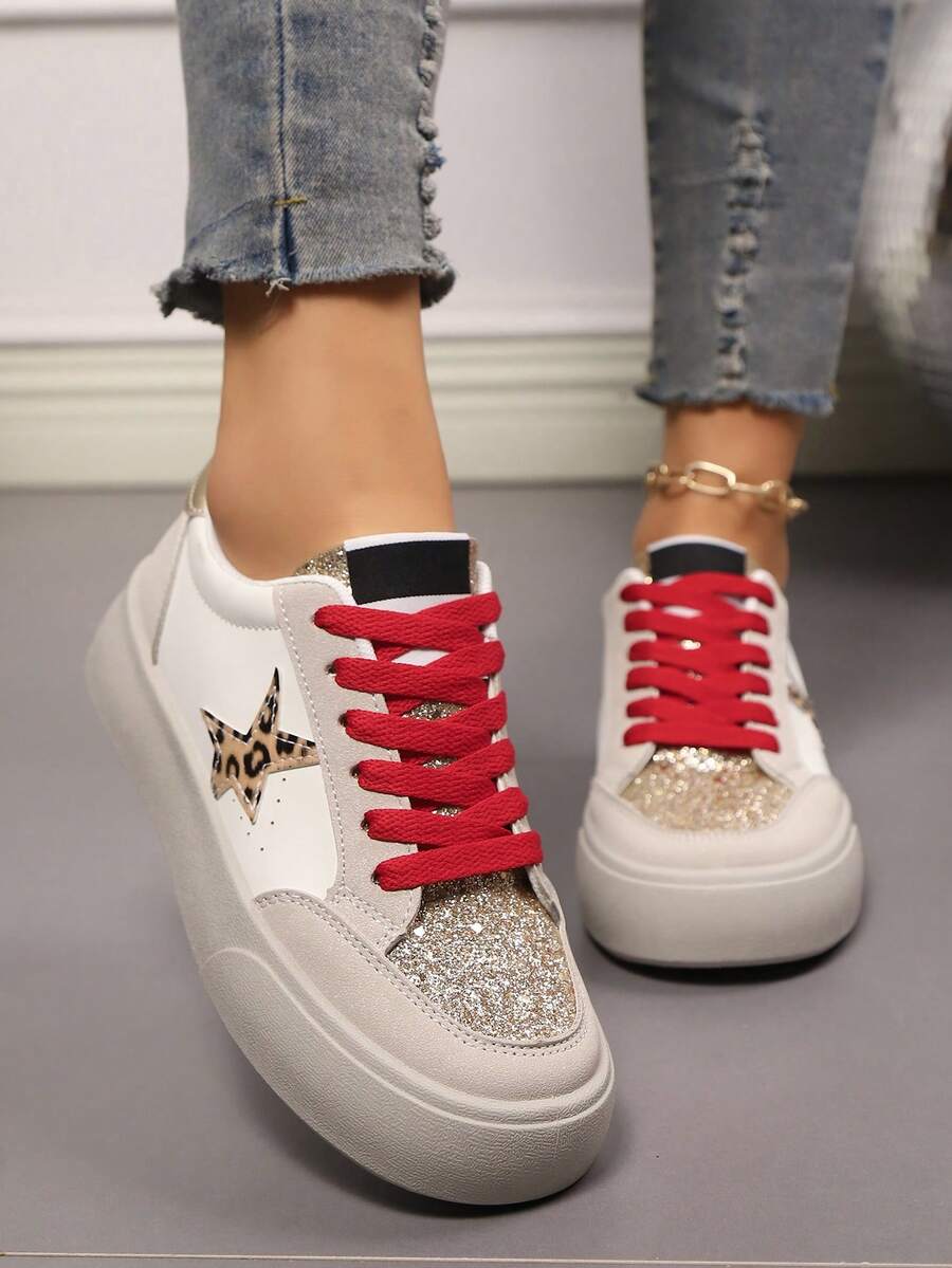 Damen Freizeitschuhe mit funkelnder Stern Dekoration, Schnürung Sneaker mit niedrigem Schaft, modischer Leopard Muster Frühling Sommer schwarze Freizeitschuhe mit rundem Zehenbereich, rutschfeste weiche Sohle für den täglichen Gebrauch, Spazierengehen, Ausgehen