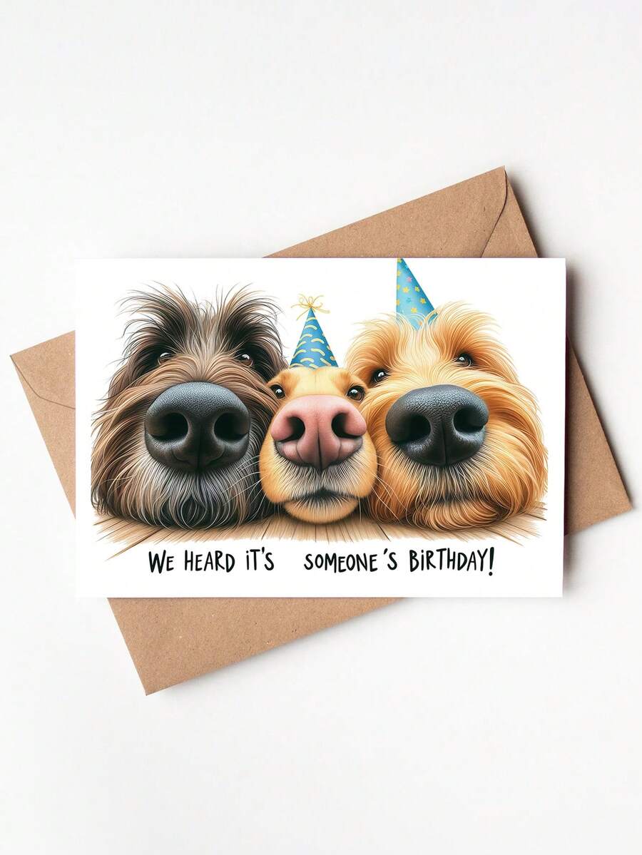 1 pieza Tarjeta de cumpleaños divertida de perro - "¡Escuchamos que es el cumpleaños de alguien!" Diseño de dibujos animados con perros juguetones con gorros de fiesta, regalo único para amigos, tarjeta de felicitación de celebración para amantes de las mascotas, tarjetas de cumpleaños divertidas - Multicolor - Ver 1