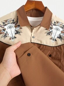 Men's Long Sleeve Denim Shirt With Animal Print Design, Fashionable Denim Casual Shirt With Double Pockets And Buttons, Suitable For Daily Wear Cowboy Style