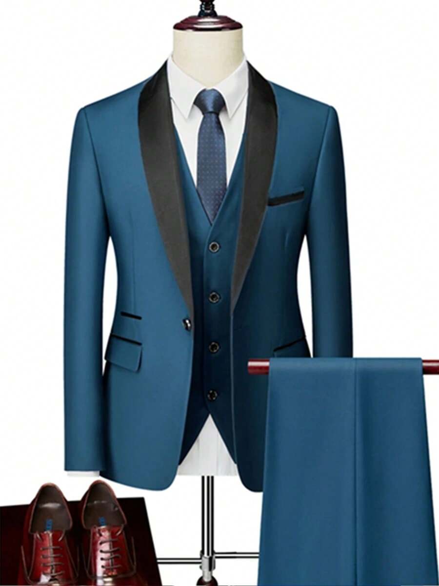 Bộ vest nam 3 món màu trơn mới, dáng ôm, co giãn, bao gồm áo blazer, áo vest và quần tây, trang phục công sở, trang trọng, vest dự tiệc cưới. - Màu xanh ngọc - Xem 1