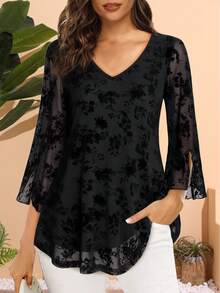 CheersLife Women's Work Tops And Blouses 3/4 Ruffle Bell Sleeve Double Layers V Neck Mesh Dressy Casual Tunic Shirts Black Vacation Spring - Black - View 1