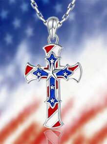 1pc Elegant & Versatile Patriotic Independence Day Red White Blue Star Cross Necklace, Suitable For Men & Women, Exquisite Gift