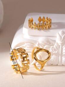 GEREIT 3件套18K不锈钢镂空圆环开口戒指，时尚饰品，适合女性日常佩戴，母亲节礼物 - 金色 - 查看 3