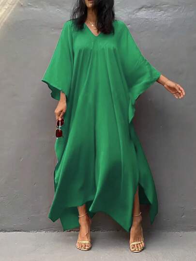 Plus Size Women Elegant Solid Color Loose Fit Casual Robe With Batwing Sleeves, Ideal For Vacation, Spring/Summer/Autumn