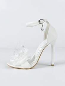 Women's White Crystal Flower Decor Open Toe Strappy High Heel Sandals, Elegant Romantic Style For Weddings Parties In Summer
