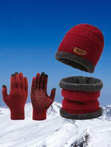 3 Pieces Set, Autumn, Winter, Women, Men. Black. Burgundy, Hat Set, Hat, Scarf, Gloves, 3 Pieces Set, Scarf With Fleece, Warm, Knitted Hat - Multicolor - View 5