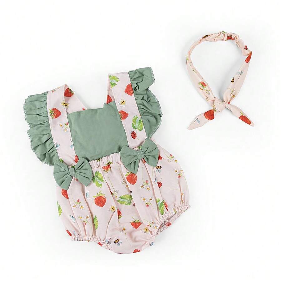 Girls Summer Overalls Printed Romper - Verde - Ver 1