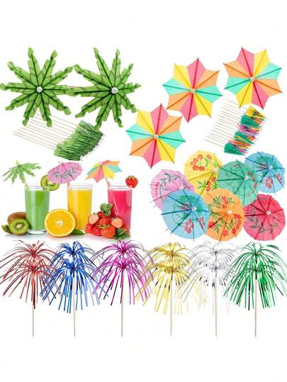 40Pcs Multipurpose Drink Umbrellas Cocktail Picks Coconut Palm Cocktail Umbrellas Firework Drink Stirrers Tropical Cocktail Sticks For Drinks Summer Fruit Hawaiian Party Decorations Cocktail Accessories, 4 Styles, Decorative Accessories For Birthday, Party, Festival, Beach, Camping, Picnic