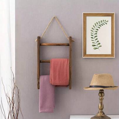 1 chiếc kệ thang gỗ mộc mạc - Kệ treo tường, kệ tổ chức 3 tầng có dây treo - Kệ lưu trữ đa năng cho phòng tắm, nhà bếp, phòng ngủ, văn phòng - Không cần điện, giá treo khăn kiểu nhà nông thôn cho phòng tắm, phụ kiện trang trí nhà mộc mạc