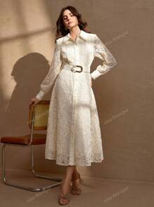 Elegant Embroidered & Solid Color Panel Collar And Cuffs Full Front Opening Romantic Floral Trim A-Line Fitted Dress For Women
