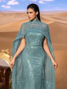 Faeriesty Haute Glamour Luxurious Shimmering Beaded Sequin Maxi Dress With Cape & Fish Tail Hem – High-End Couture, Mermaid Gown, Star-Approved Red Carpet Dress For Weddings, Galas, And Celebrity-Style Parties - Mint Green - View 6