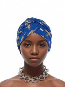 1pc Feather Foil Print Turban Hat, Cap, Chemo Cap, Conceals Gray Hair, Headwear Hair Sleep Cap - Feather Hot Stamping - View 7
