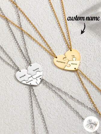 1Pc Personalized Engraved Name Heart Pendant Puzzle Necklace,Engraved Family Custom Name Multiple Heart Choker Necklace For Mom,Stainless Steel Necklace Couple Jewelry,BFF Gift,Anniversary Gift,Valentine'S Day,Friendship Gift,Mother'S Day Gift
